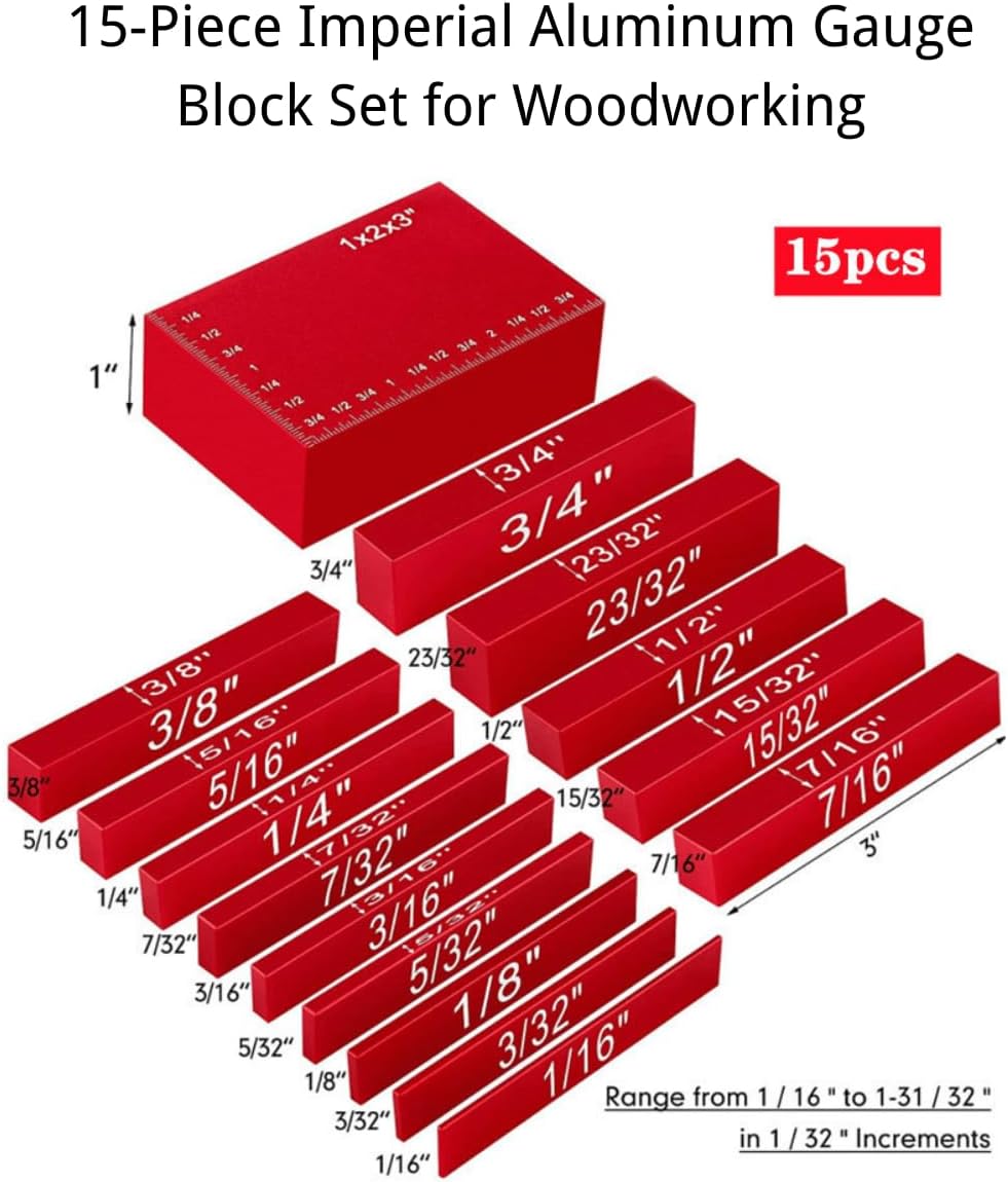 15-Piece Imperial Aluminum Gauge Block Set for Woodworking, Red, 1/16" to 1-31/32" Range, Precision Calibration with Laser Etched Font, Includes Storage Case