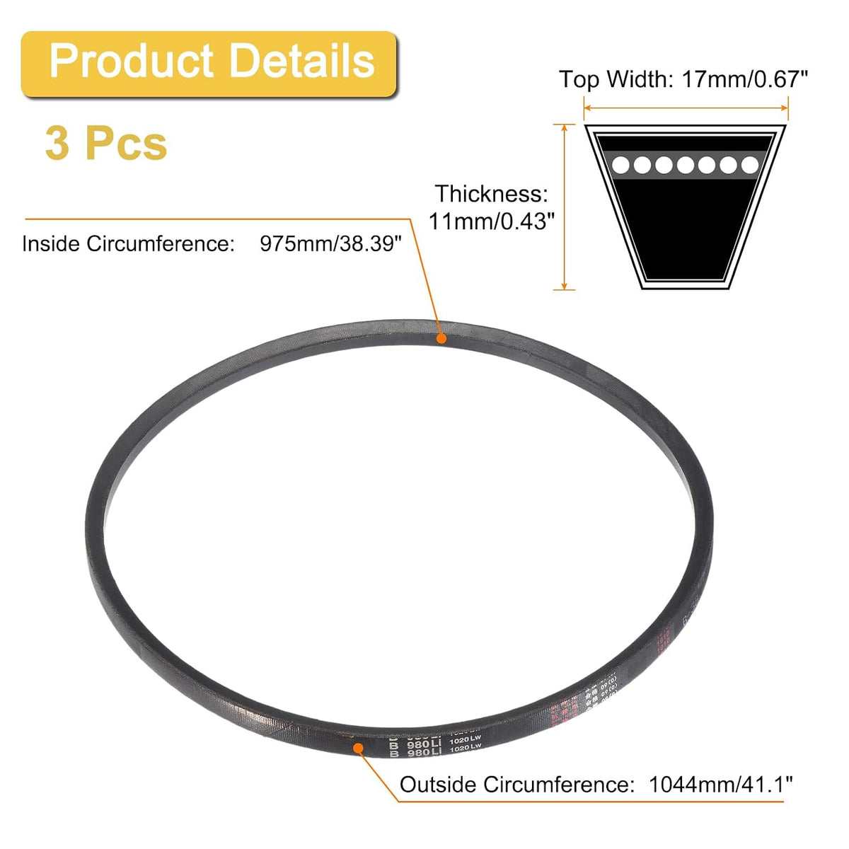 uxcell 3 Pack B38 1/2 Classic Wrapped V-Belt, 41" Outside Circumference Wrapped Industrial Rubber V-Belt B Profile V-Belt for Industrial Machinery Equipment, Black
