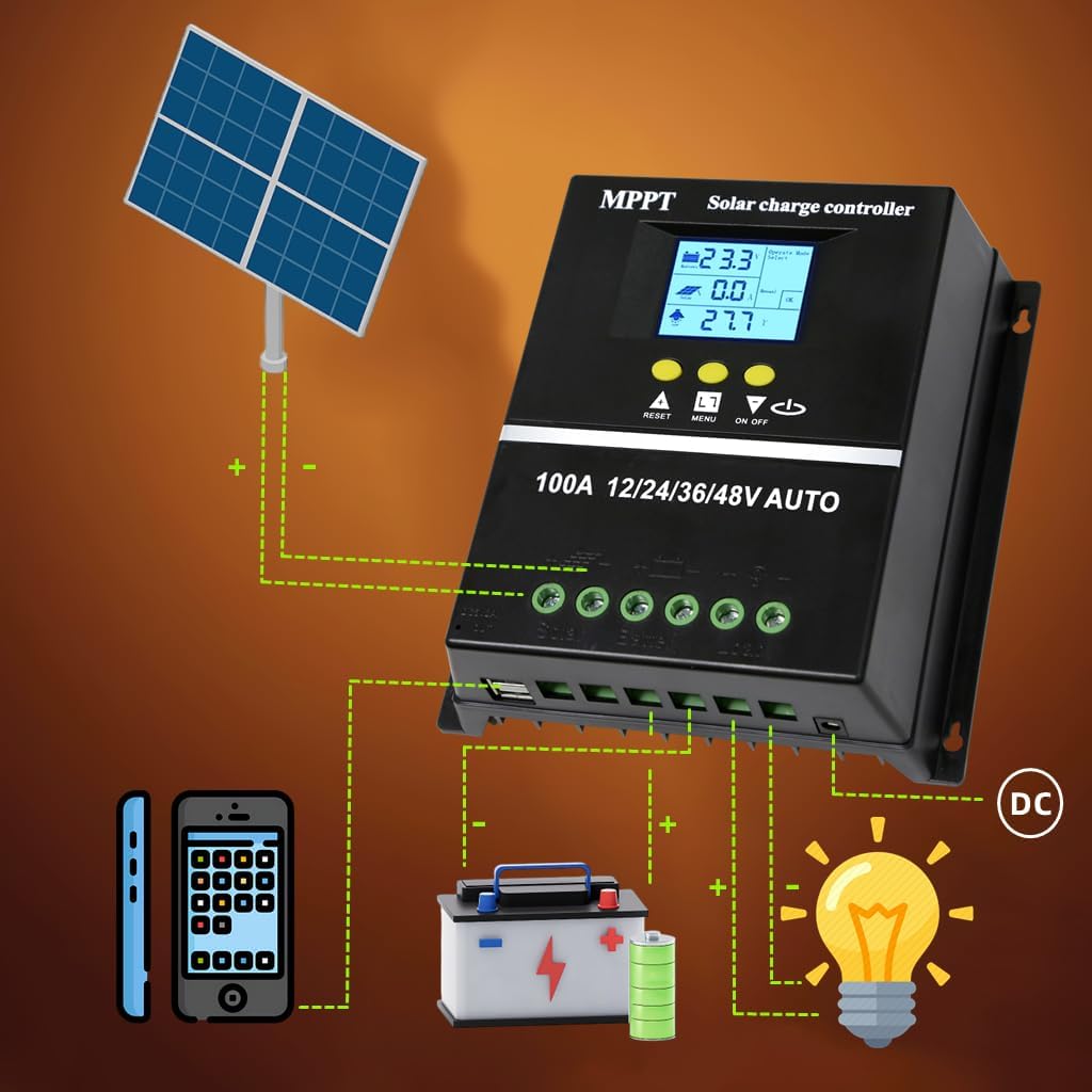 100A MPPT Solar Charge Controller 12V 24V 36V 48V LCD Display Battery Intelligent Regulator Max 100V Input Dual USB