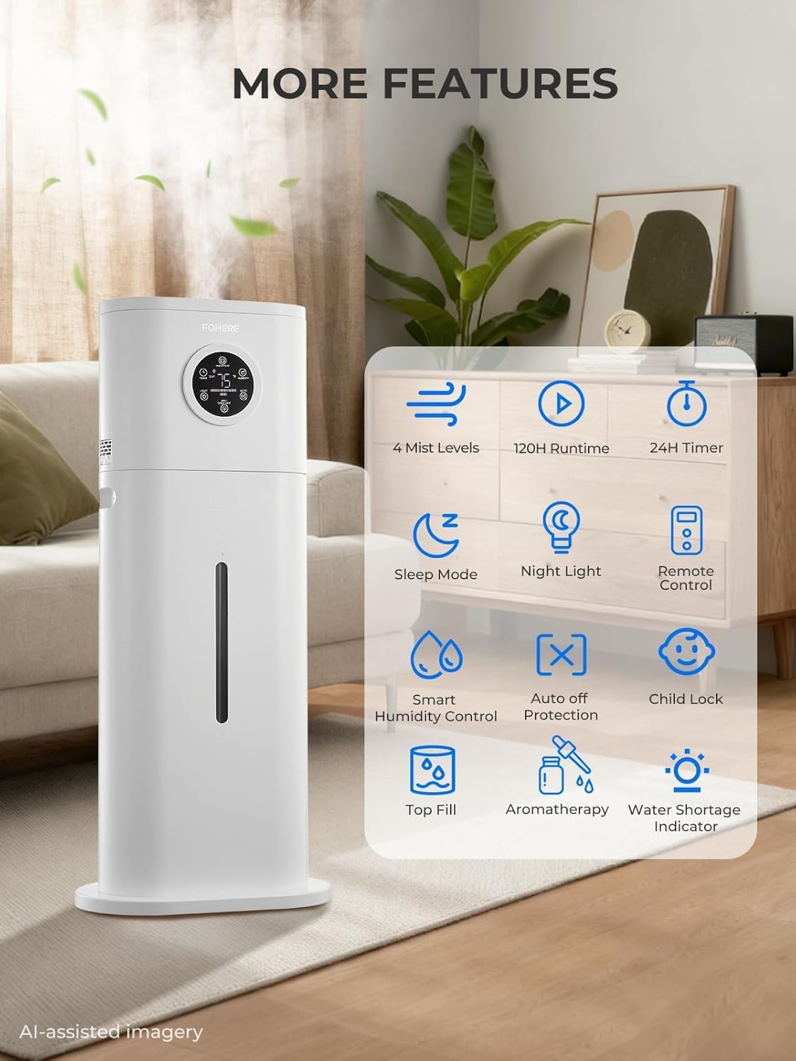 12L Humidifier for Large Room 1000ft², 120H Runtime, 1000ml/h Mist | Smart Humidity Control, Top Fill, Remote & 24H