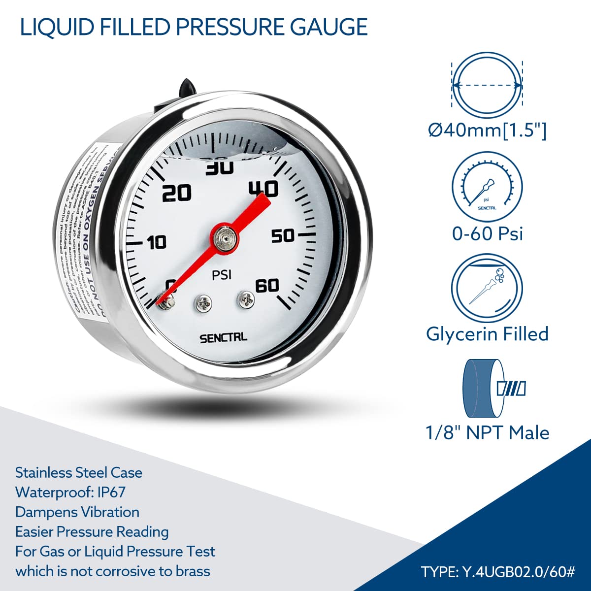 SENCTRL 0-60 Psi Fuel Pressure Gauge, 1/8" NPT Back Mount
