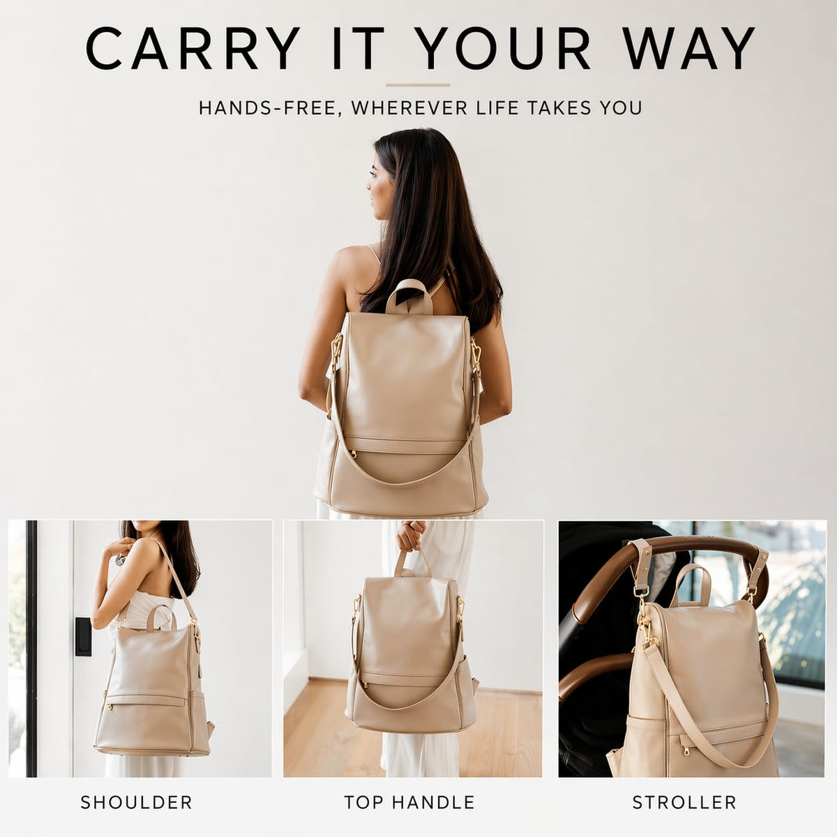 Leather Diaper Bag Backpack with USB Charging port, Changing Pad, Stroller Straps (Beige Mia)