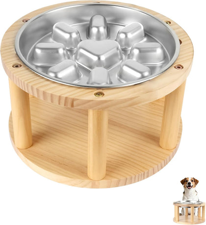 Elevated Dog Bowl, Pine Wood Stand with Stainless Steel Slow Feeder, 5.9" Raised Dog Bowl for Small & Medium Dogs
