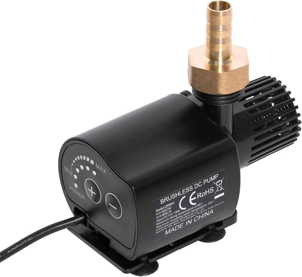 12V Submersible Water Pump, Adjustable Flow 210 GPH for Aquarium/Fountain/Hydroponics, Quiet DC Pump with Brass