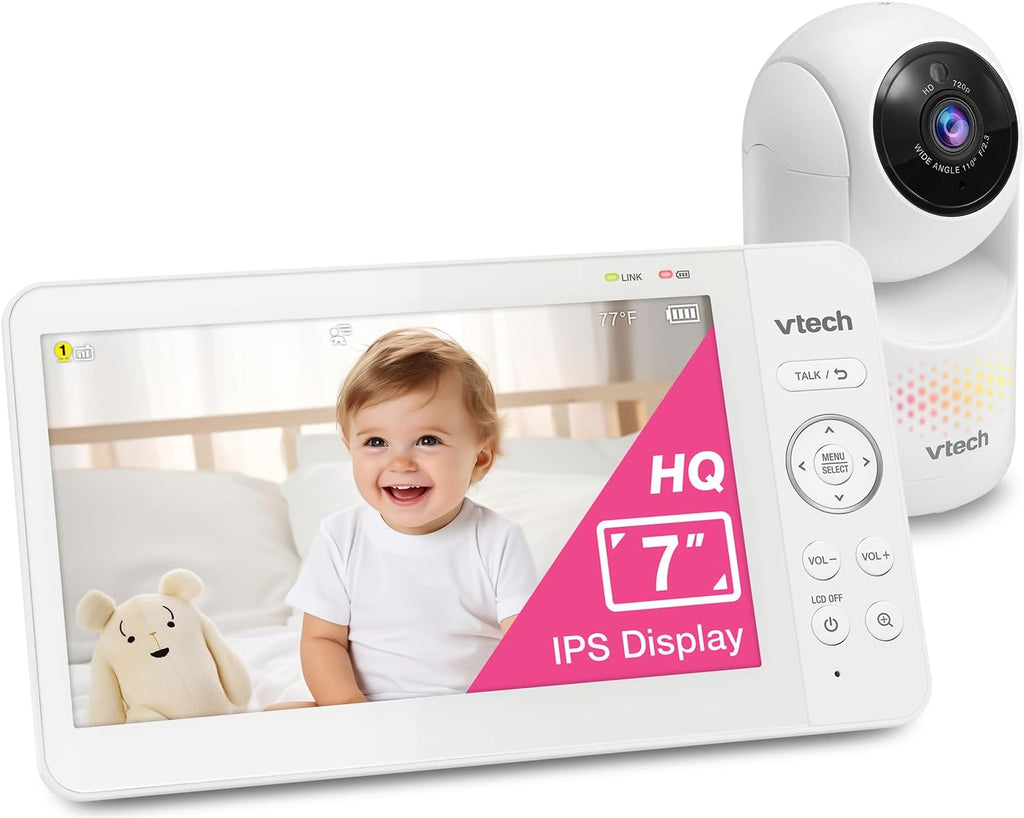 Baby Monitor No WiFi, 7" IPS Screen, 5000mAh 12Hr Battery, 360° PTZ, 4X Zoom, Night Vision, Night Light, 2-Way Talk