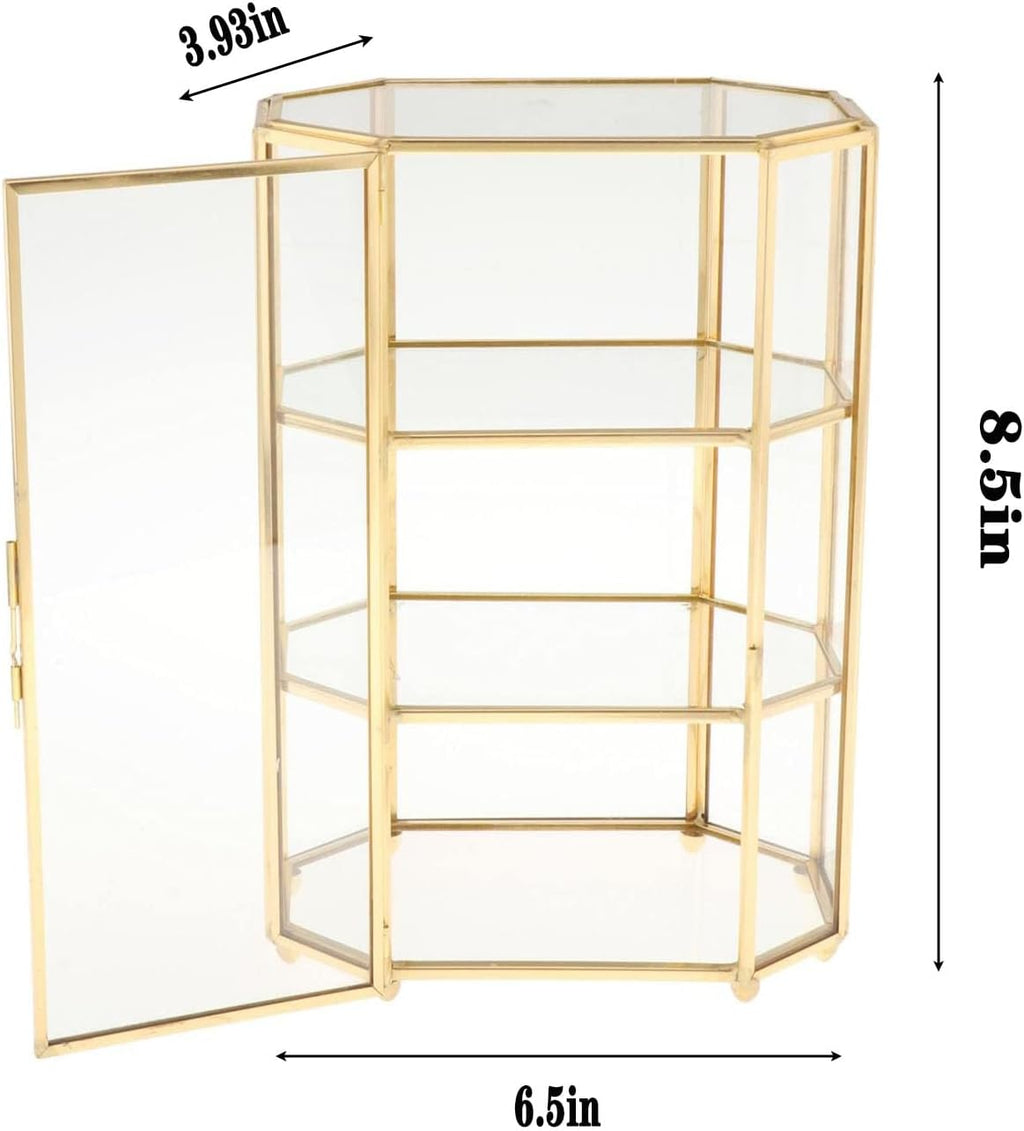 3-Tier Gold Glass Jewelry Makeup Organizer Box | Transparent glass display case for jewelry and cosmetic storage