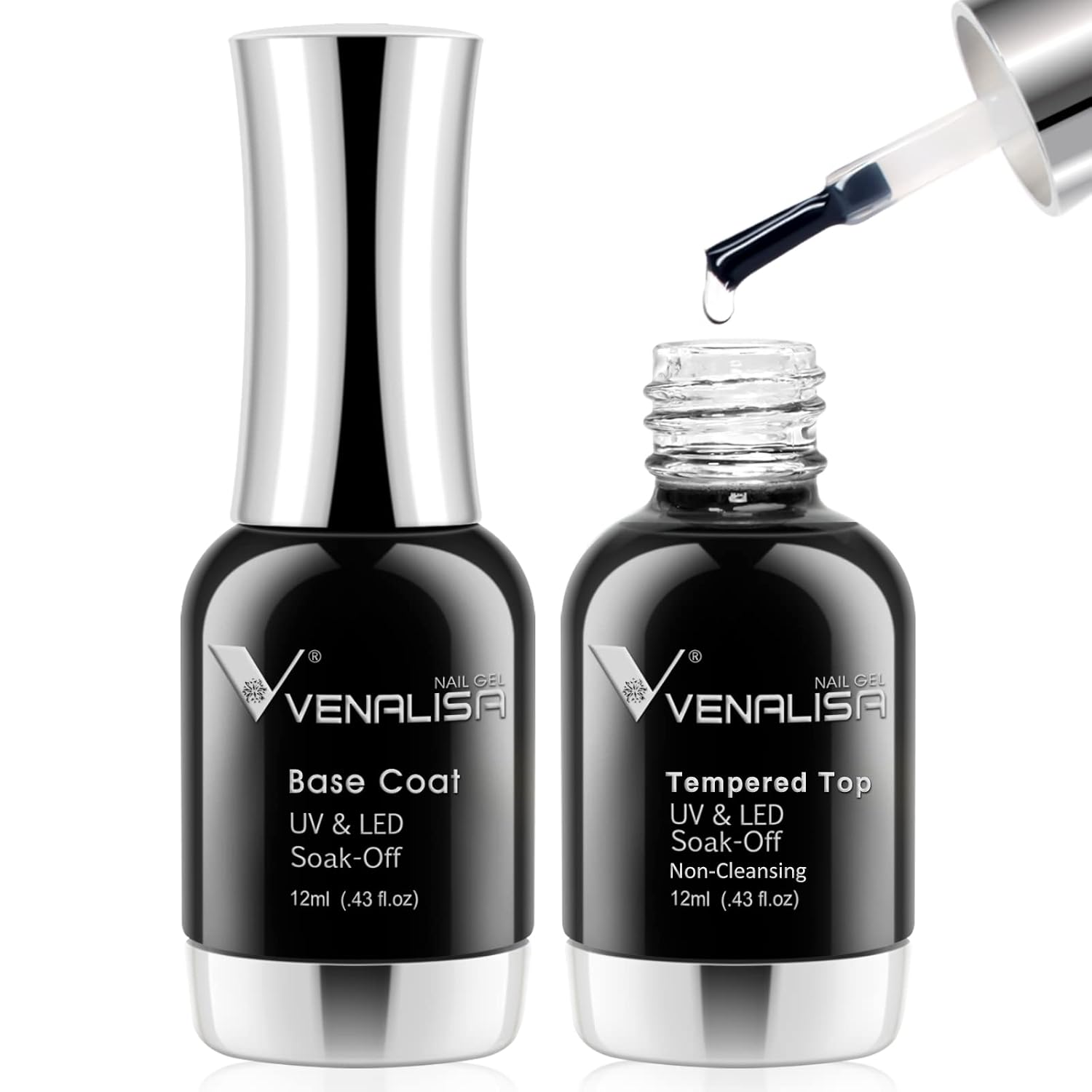 VENALISA 2 Pcs No Wipe Tempered Gel Top Coat and Base Coat Set Gel Nail Polish, Nail Gel Polish Nail Art Starter