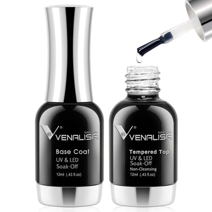 VENALISA 2 Pcs No Wipe Tempered Gel Top Coat and Base Coat Set Gel Nail Polish, Nail Gel Polish Nail Art Starter
