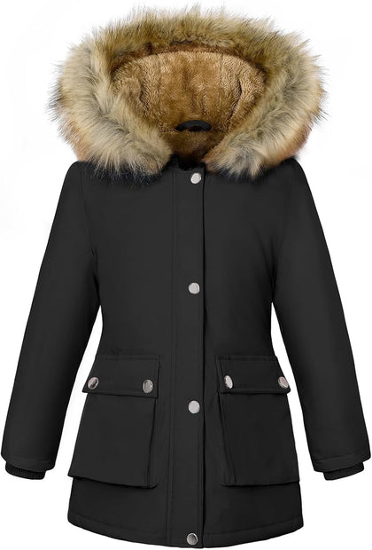 Girls' Winter Fleece Lined Parka Coat, Warm Hooded Puffer Jacket for Kids | Removable Faux-fur Trim, Two Large