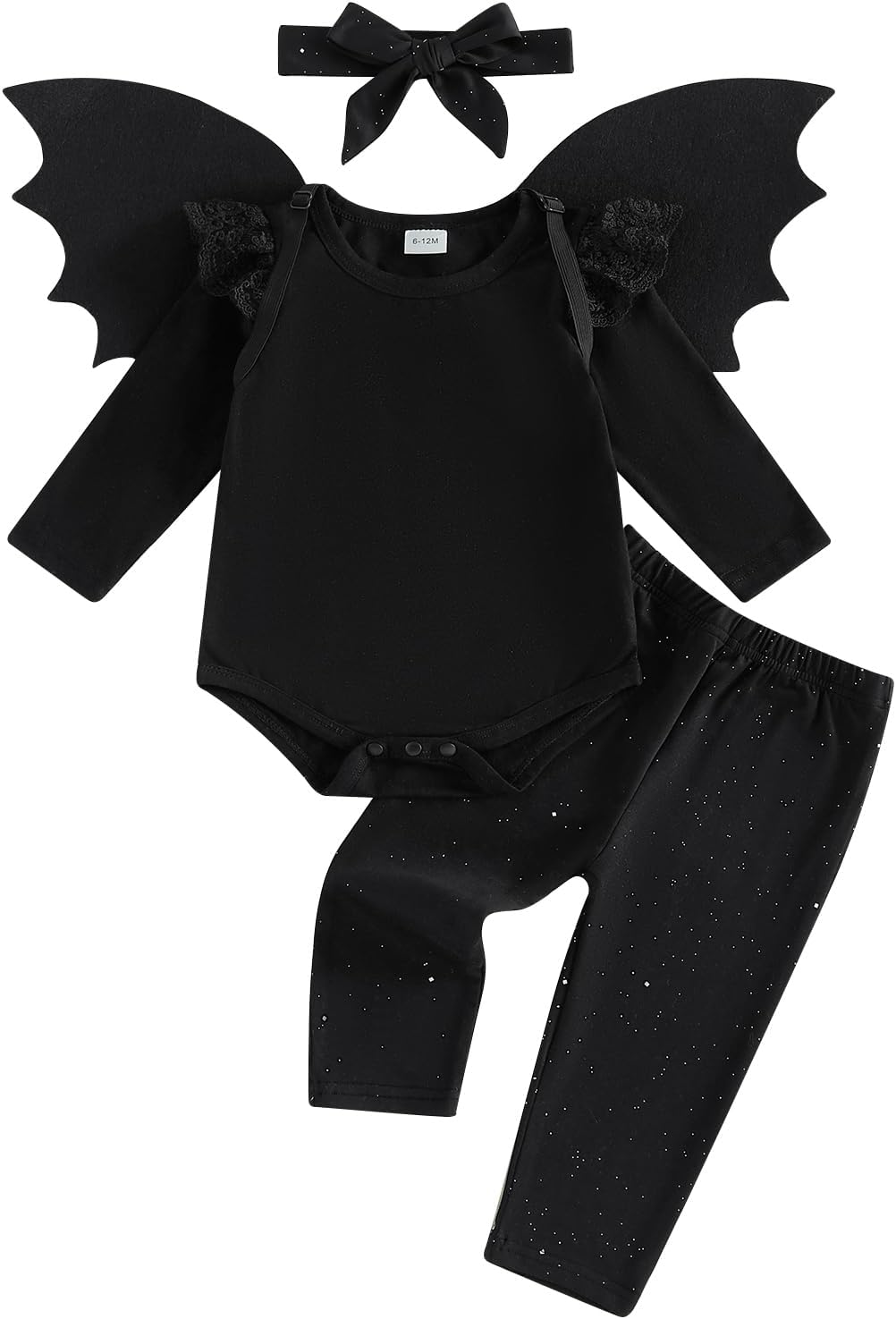 Infant Toddler Baby Girls Halloween Costume Black Bat 4PCS Set | Black Bat Long Sleeve Ruffle Romper