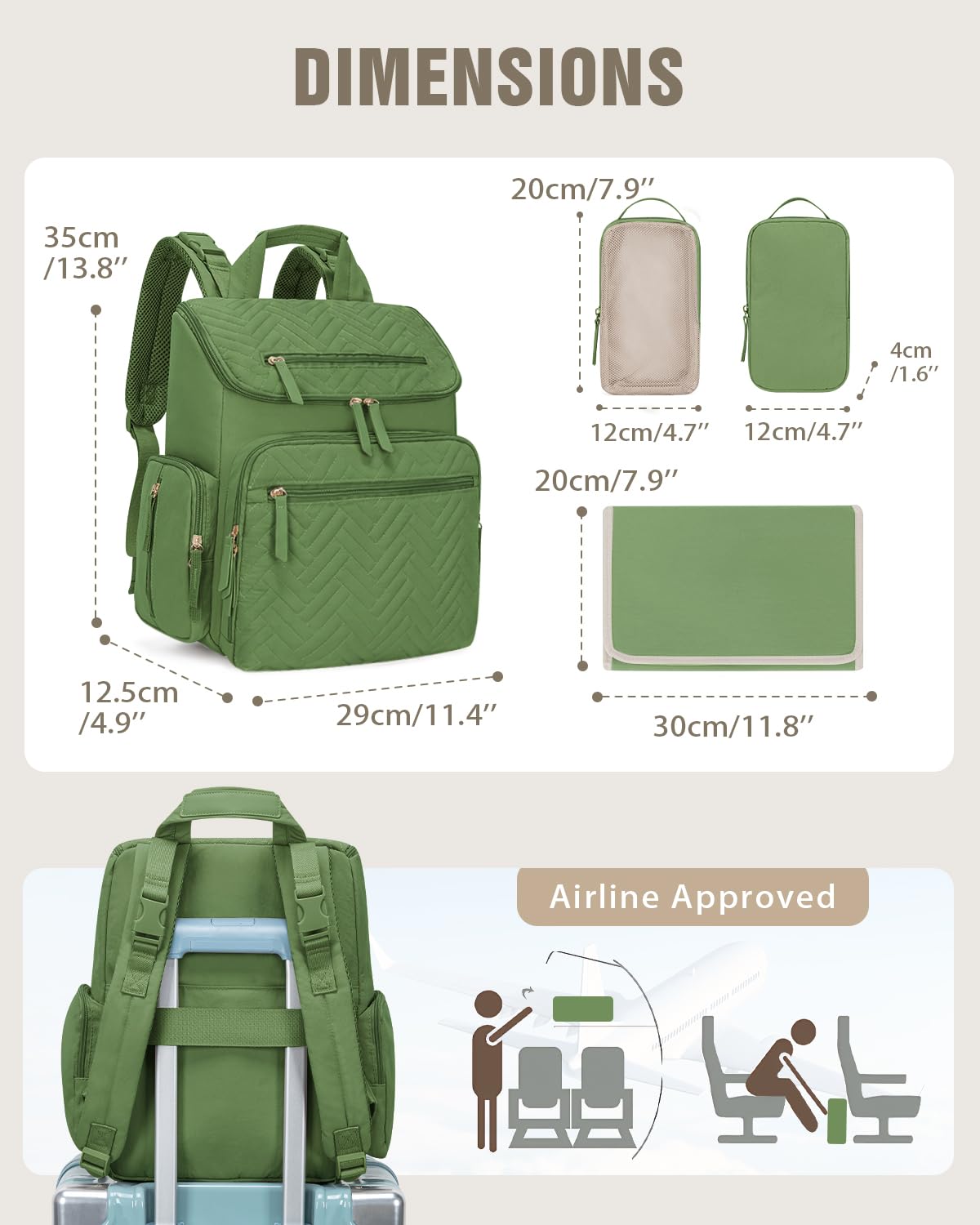 Diaper Bag Backpack with Changing Pad and Insulated Pockets, Green
