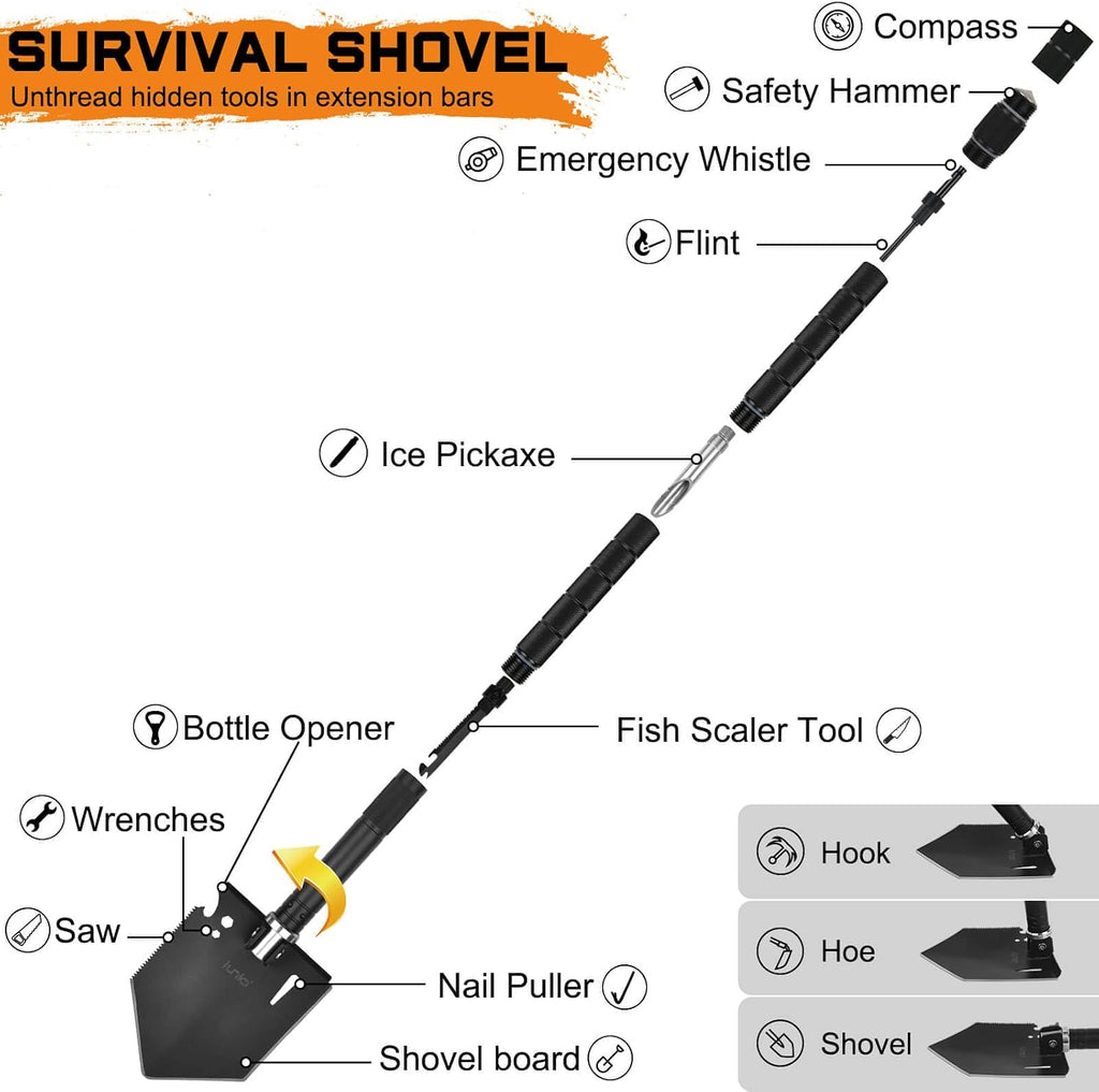 Survival Off-Roading Tool Kit, 19 in 1 Folding Shovel, Camping Axe, Multitool, Pickaxe, with Carrying Bag, for