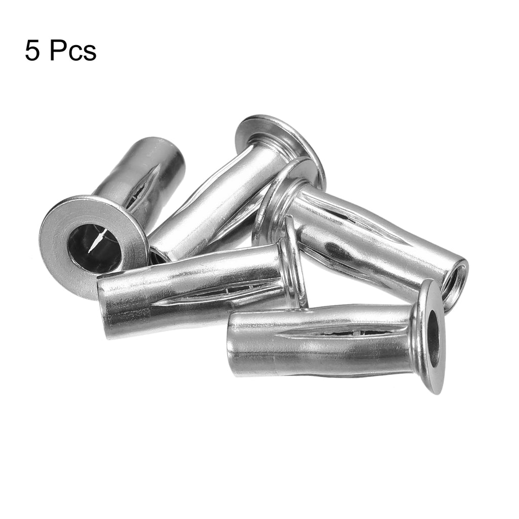 uxcell M5 Multi-Grip Rivet Nuts, 5pcs Pre-Bulbed Shank Flat Head Threaded Insert Nut 304 Stainless Steel Plus Nuts for Construction Industrial