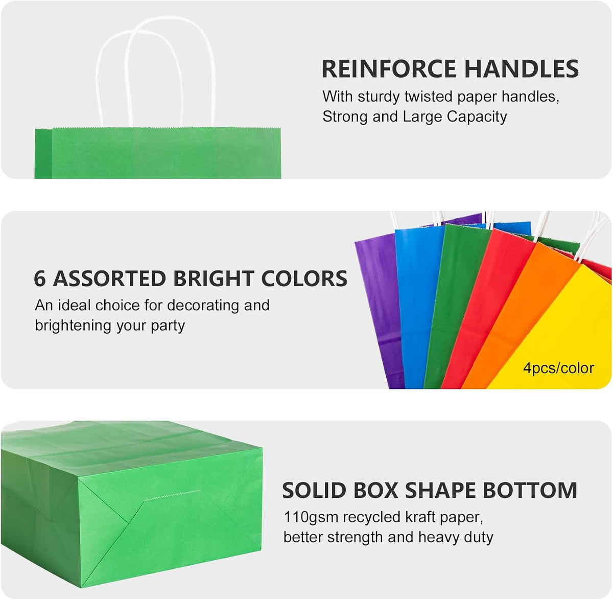 24 Pack Paper Bags with handles, 6 Colors Medium Gift Bags