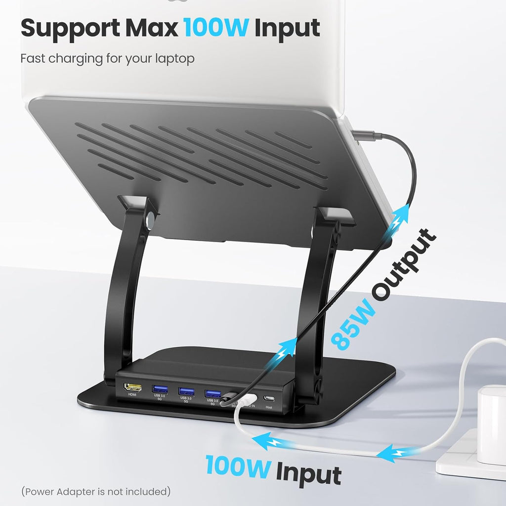 Laptop Stand with Detachable USB-C Hub, 100W PD Charging, 4K@60Hz HDMI, 3 USB Ports, Ergonomic Laptop Holder Docking