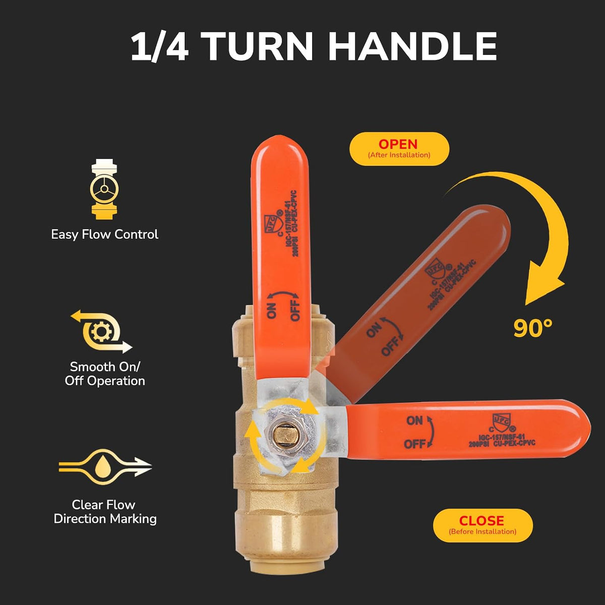 1/2" Push to Connect Ball Valve, Brass Plumbing for PEX Pipes, CPVC
