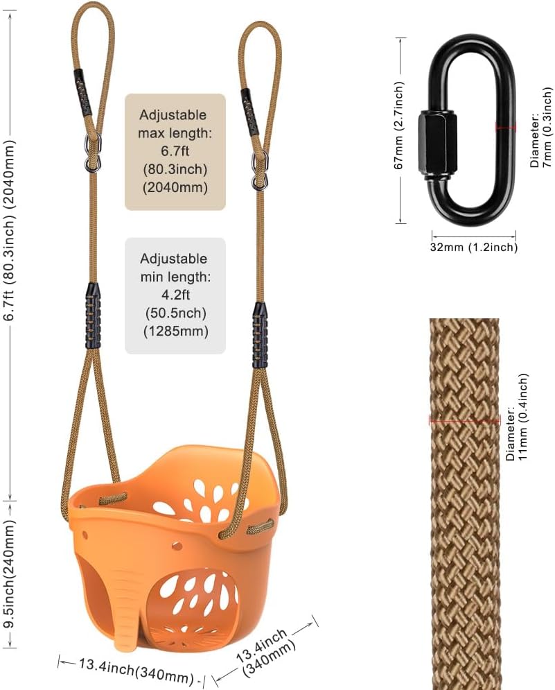 Toddler Swing Set Accessories, High Back Full Bucket Swing Seats with Adjustable Rope and 4 Locking Carabiners, Cute