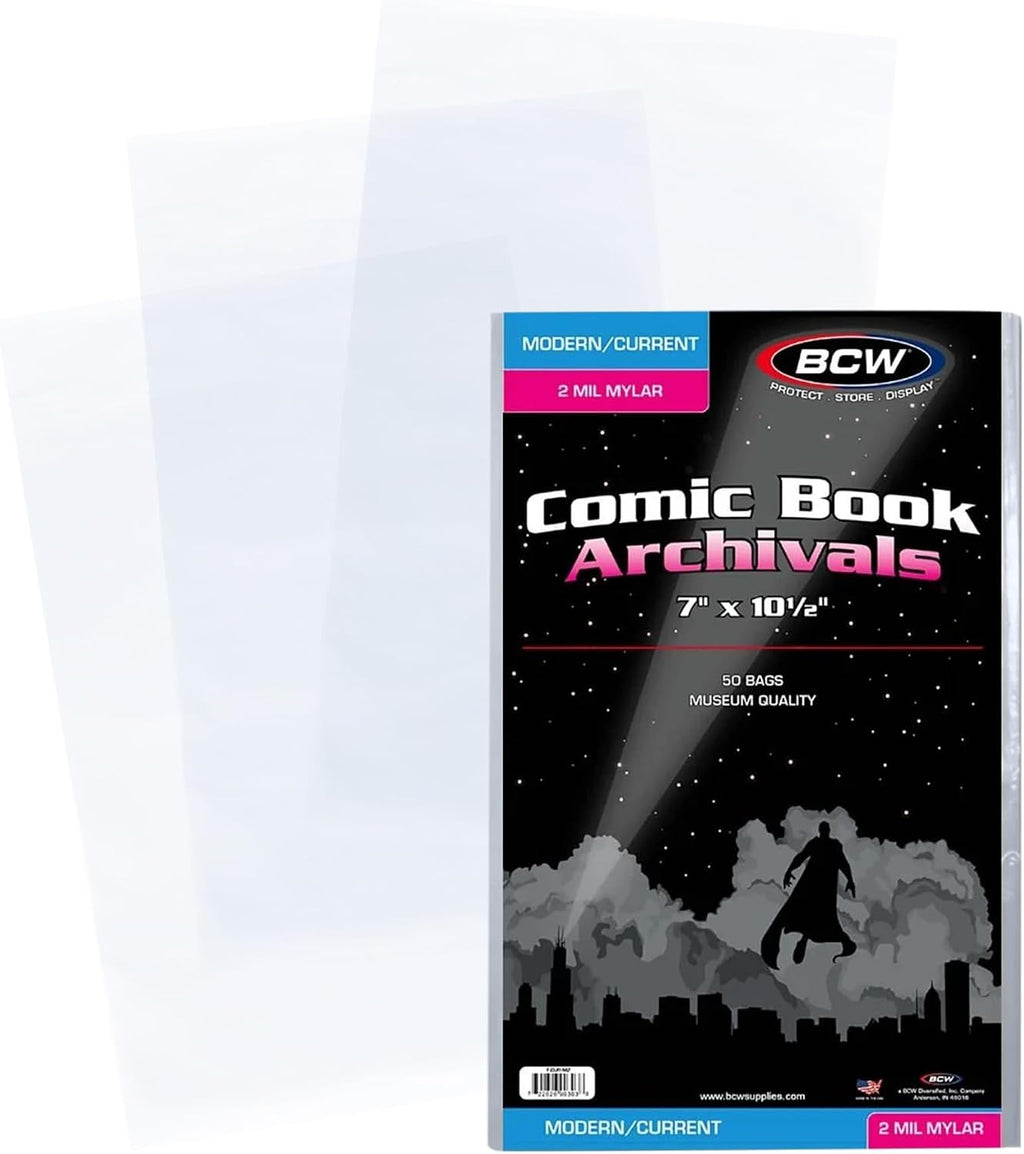Current and Modern Comic Mylar Bags, 2 Mil, 7 x 10.5 Inches, 50 Count | Semi-rigid 2 mil archival polyester bags fit