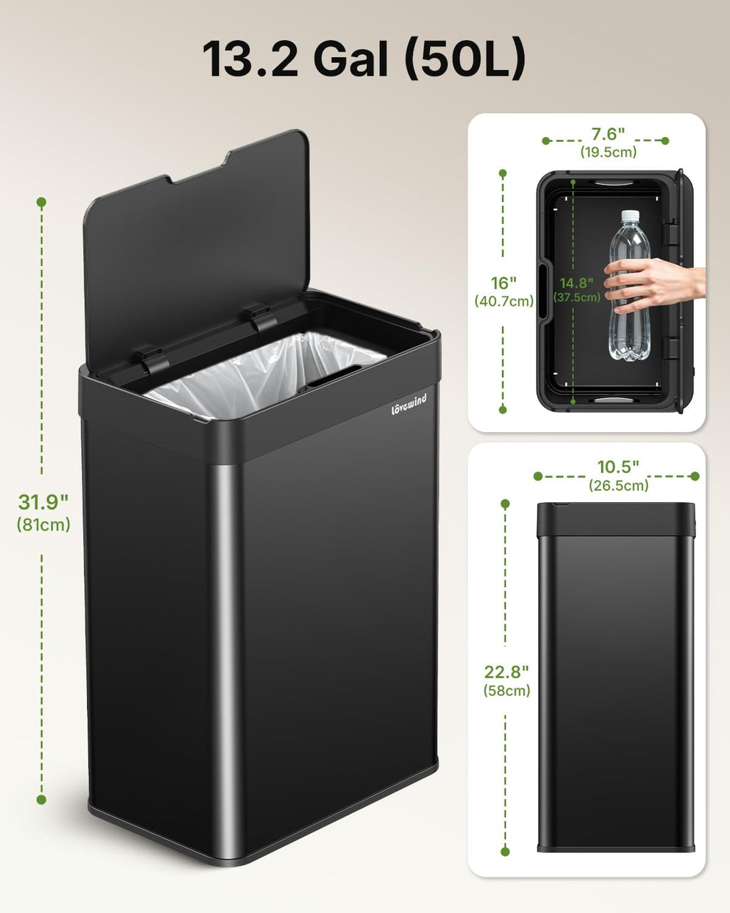 13.2 Gallon Automatic Kitchen Trash Can, Touchless Sensor Garbage Can,Black