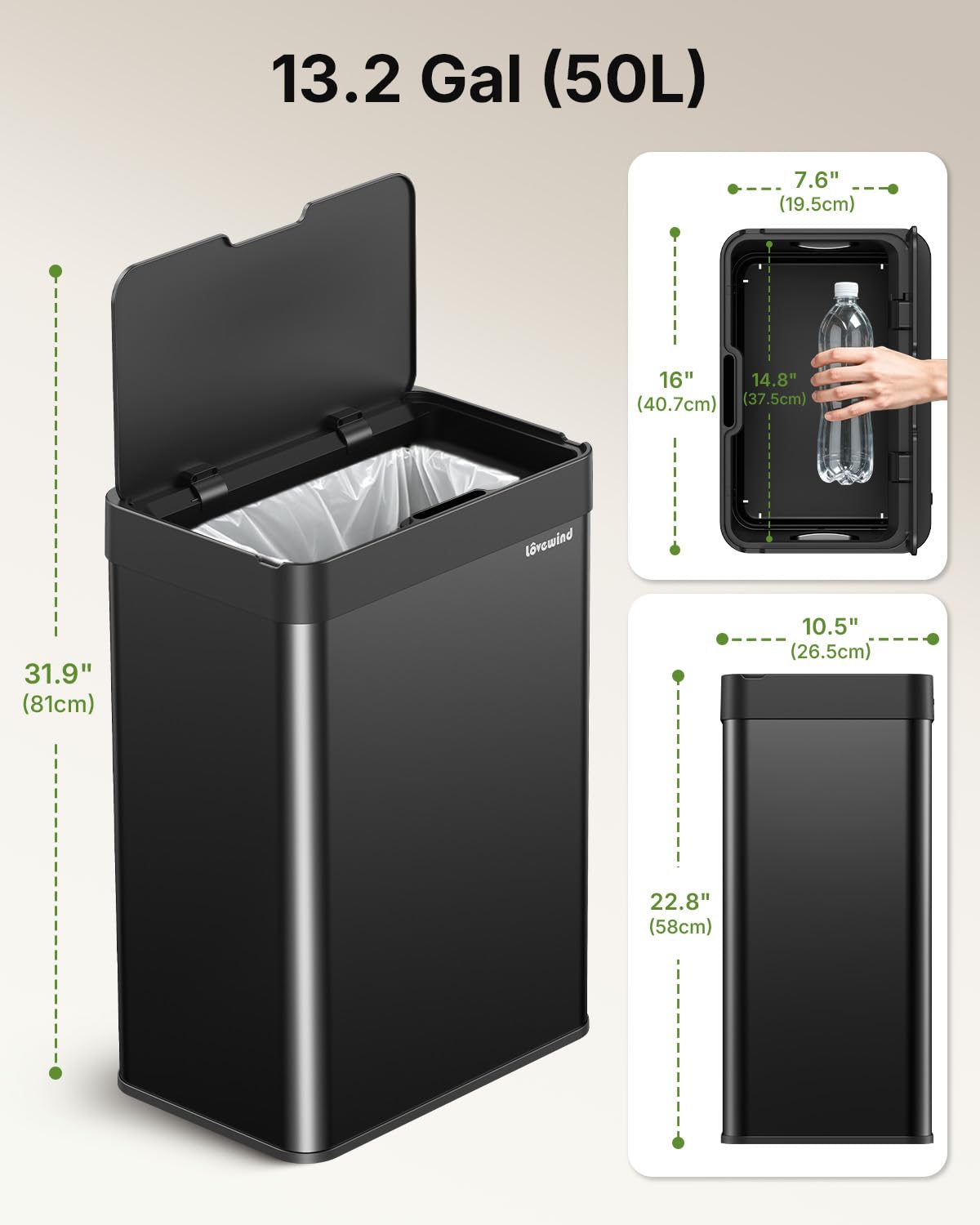 13.2 Gallon Automatic Kitchen Trash Can, Touchless Sensor Garbage Can,Black