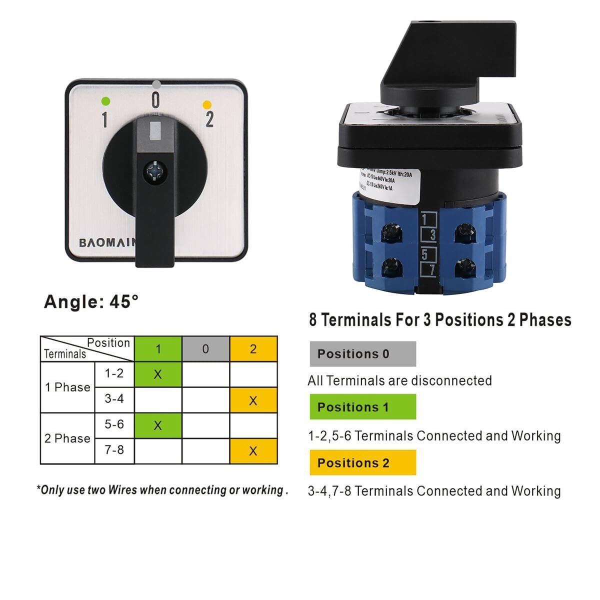 BAOMAIN 20A 2-Phase 3-Position Rotary Changeover Switch+Small/High Box