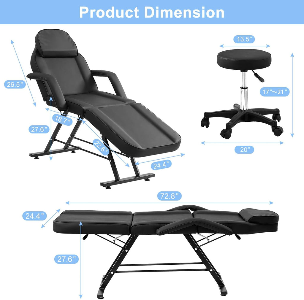 72" 3-Section Massage Table & Facial Chair, Black Spa Bed for Lash & Beauty Salon with Hydraulic Stool, Adjustable
