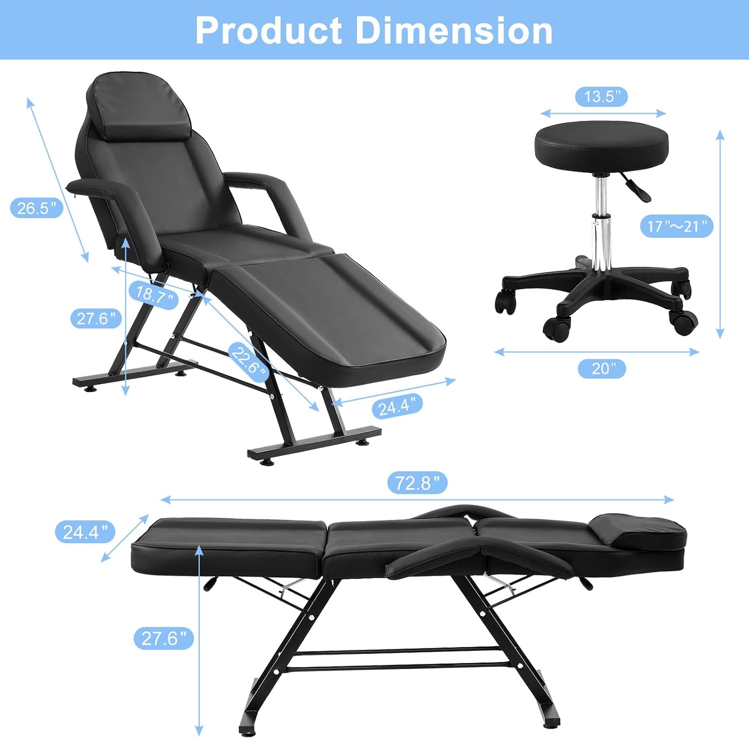 72" 3-Section Massage Table & Facial Chair, Black Spa Bed for Lash & Beauty Salon with Hydraulic Stool, Adjustable