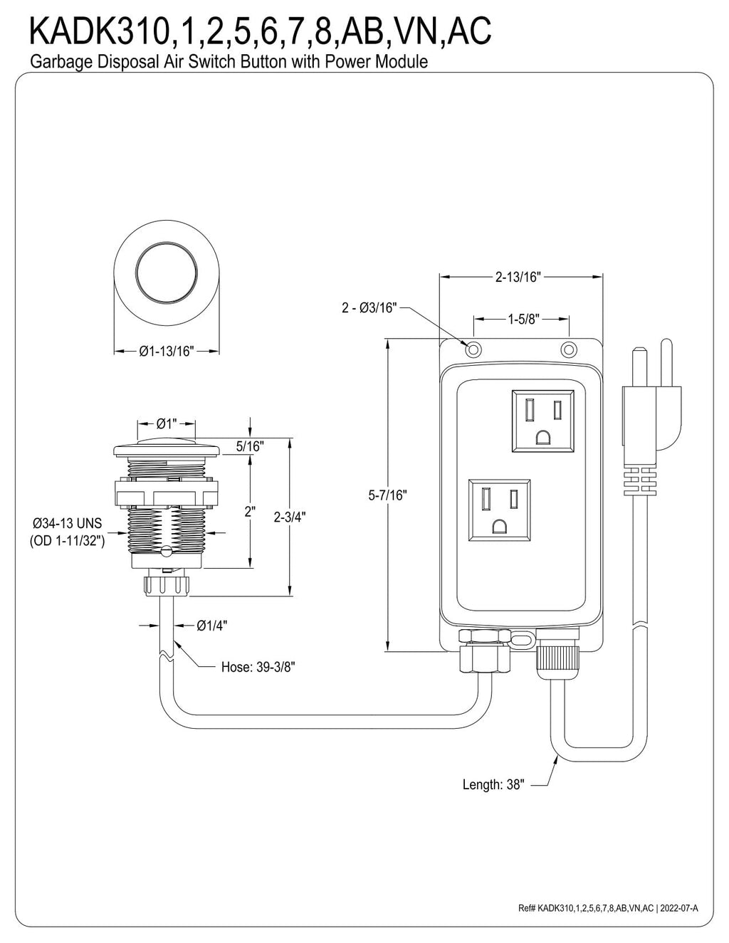 Kingston KADK317 Garbage Disposal Air Switch Kit, Brushed Brass