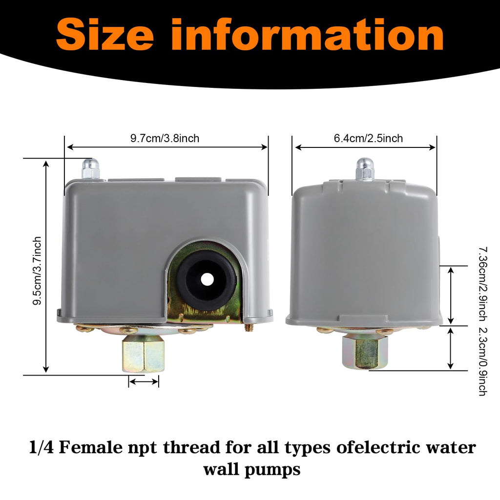 Pressure Switch for Well Pump, 50-70PSI, Adjustable Differential, 1/4" NPT, Automatic, Grey
