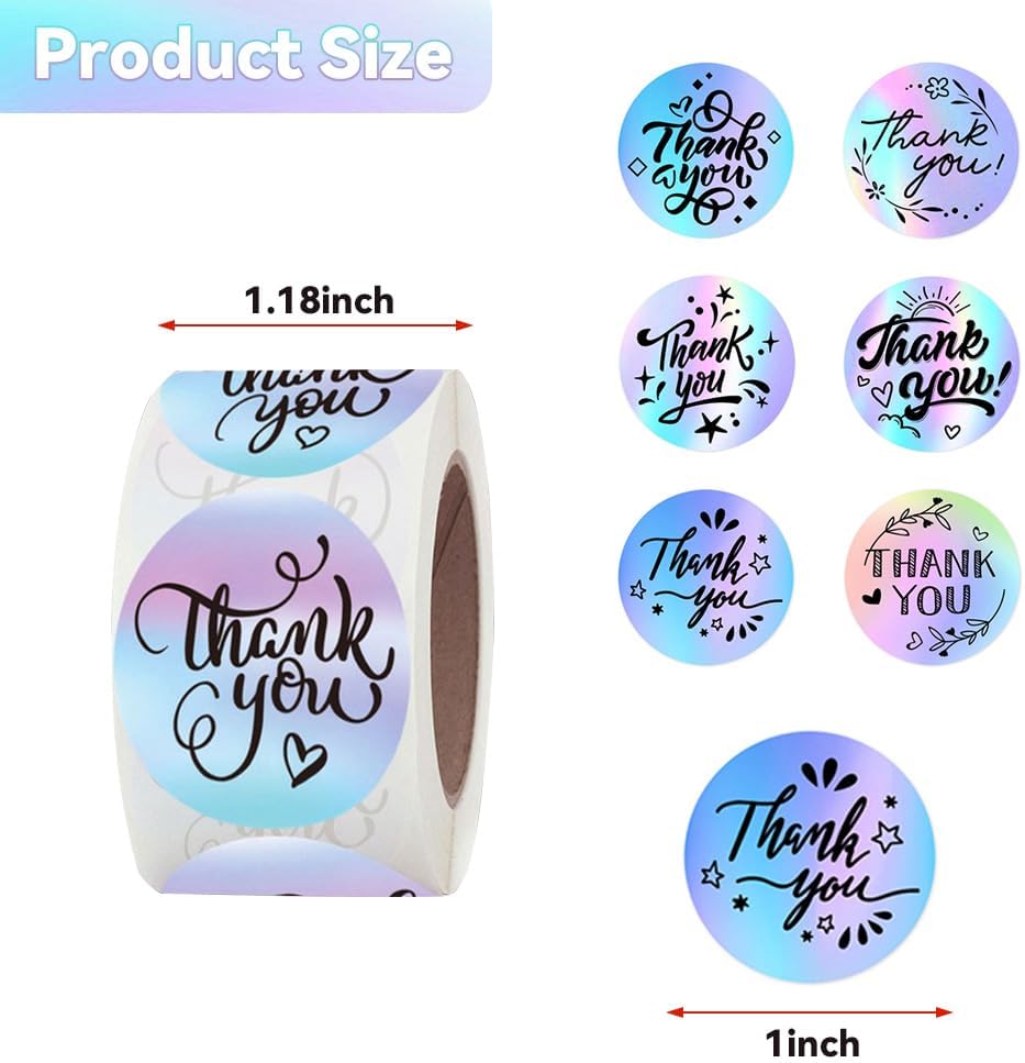 1000-Pack Holographic Thank You Stickers, 1-Inch Waterproof Labels