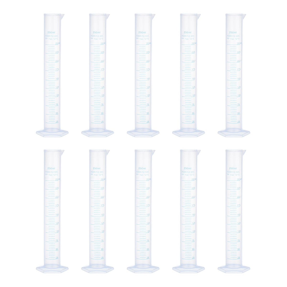 Plastic Graduated Cylinder, 250ml Measuring Cylinder, Test Tube Beakers, 2-Sided Metric Marking, Clear Hex Base for