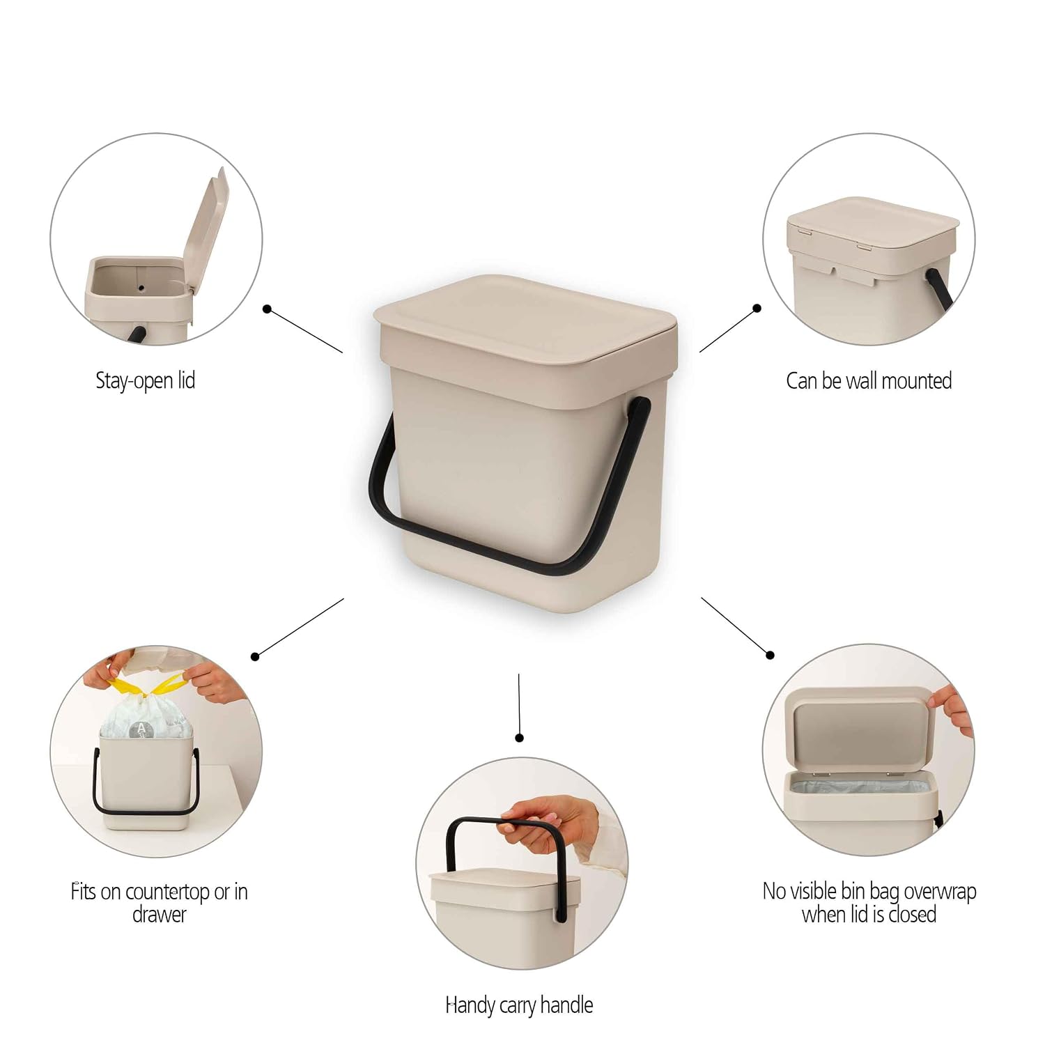 Sort & Go Recycle Bin 0.8 Gallon/3L (Soft Beige), Space-Efficient Recycle Container with Handle, Kitchen Garbage Can
