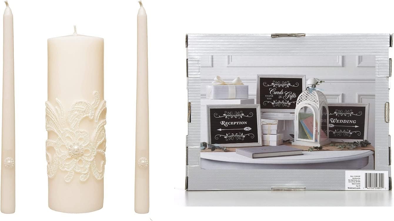 11.50 Inch High White Wedding Unity Candle Set Includes 1 Pillar and 2 Taper Candles & Hosley Farmhouse Wedding