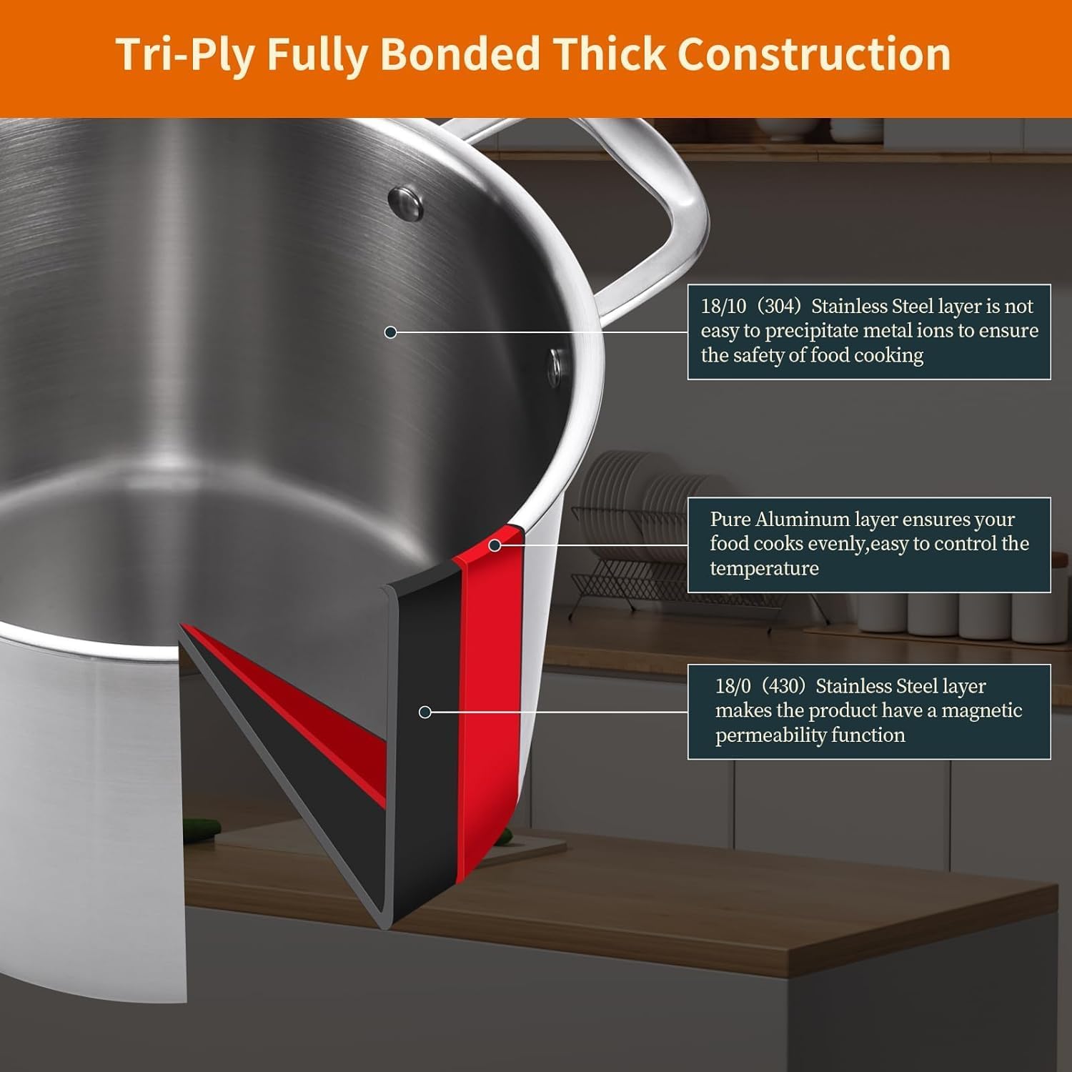 Tri-ply Stainless Steel 12 Quart Heavy Duty Induction Stock Pot | 18/10 Stainless Steel Soup Pot, Big Large Pot for