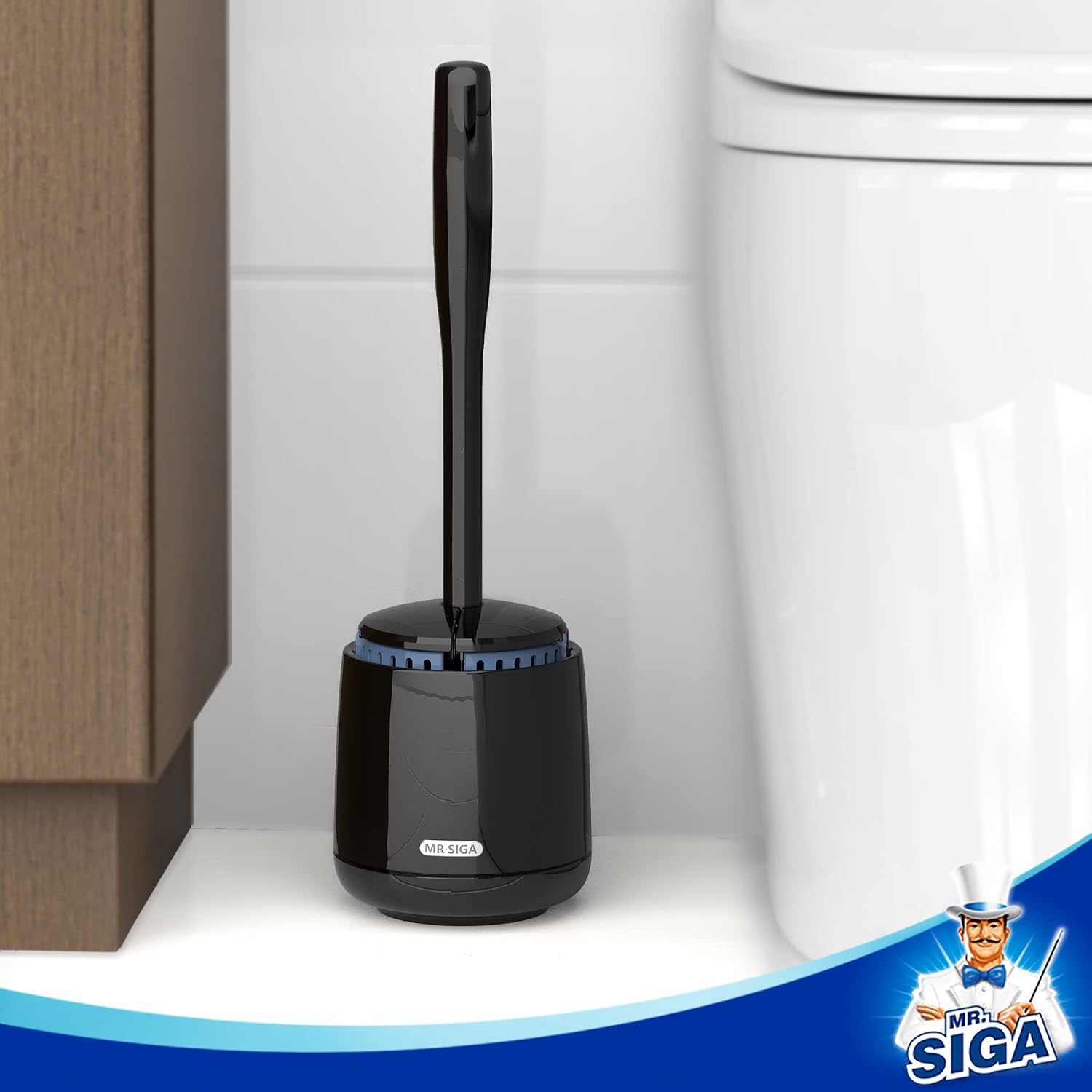 Toilet Bowl Brush and Holder, Sturdy Long Handle, Black, 1 Pack | Automatic lid design, upgraded ventilation