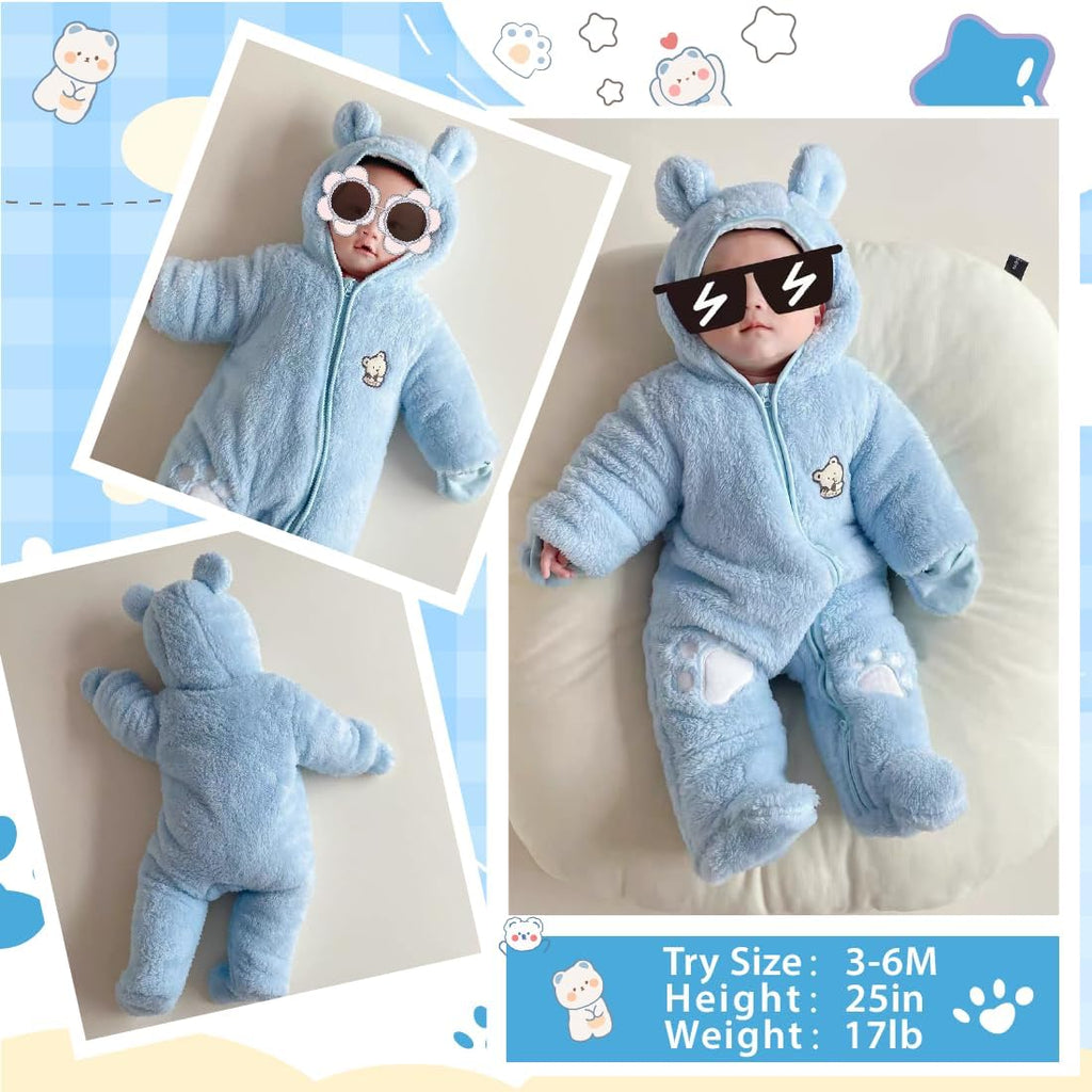 Newborn Baby Snowsuit Bear Outfit Footie Romper Winter Thick Fleece Jumpsuit Infant Coat for Girls Boys 0-12M
