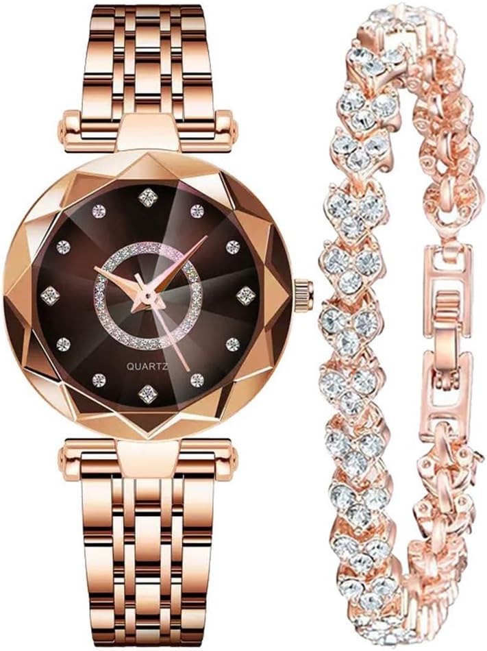 Women Watches with Bracelet Rose Gold for Lady Elegant Stainless Steel Strap Fashion Analog Creative Diamond Dial