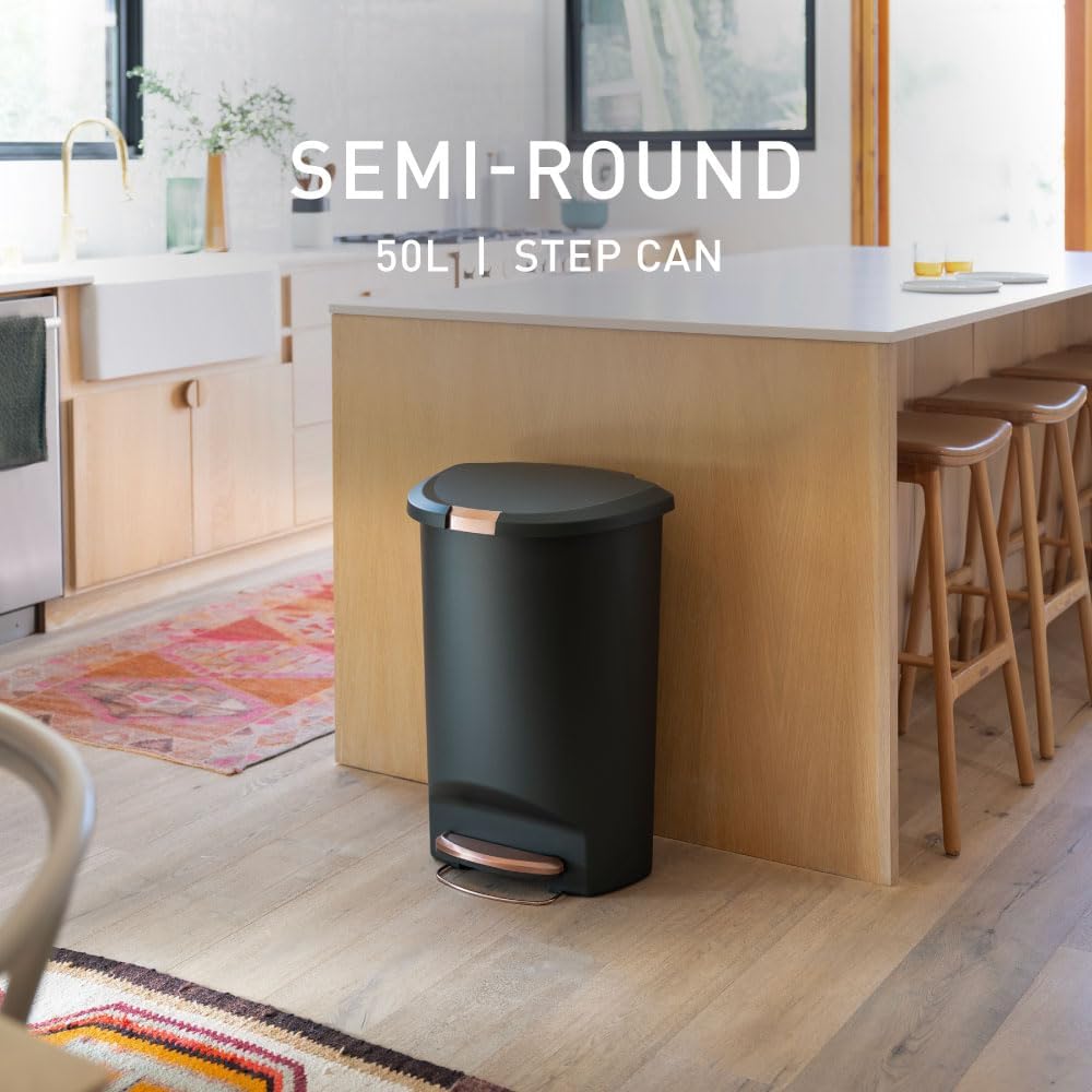 Semi-Round Step Can, 50L / 13 Gallon Kitchen Trash Can, Studio Edition, Pet-Proof Slide Lock, 150,000-Step Pedal, Lid