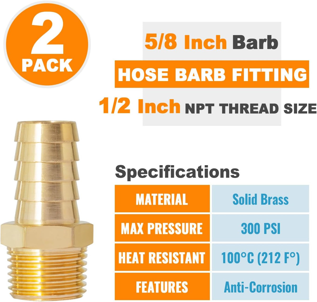 SUNGATOR 1/2" NPT to 5/8" Barb, Hose Barb Fitting, Air Hose Fitting, 2-Pack
