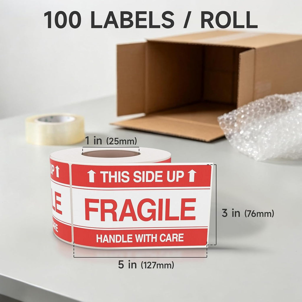3x5 Large Fragile Stickers for Shipping, 100 This Side Up Stickers Per Roll