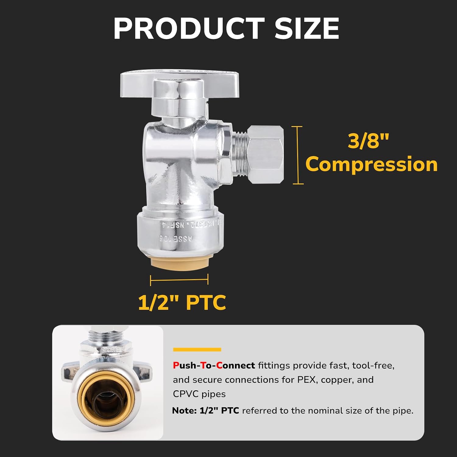 Angle Stop Valve, 1/2" PTC x 3/8" OD Compression, Toilet Water Shut Off Valve for PEX, Copper, CPVC Pipe