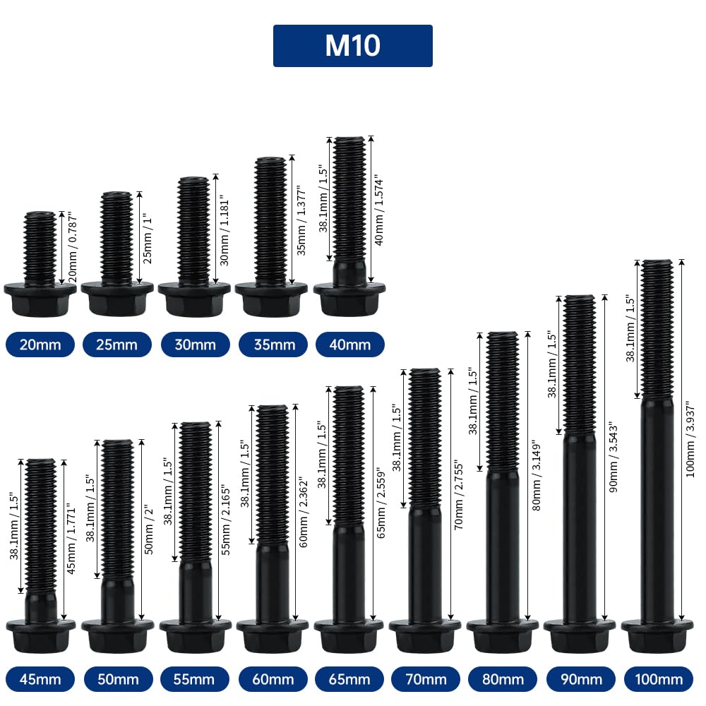 10 Sets M10 x 40mm Flange Hex Bolt + Nut + Flat & Lock Washer Black 10.9