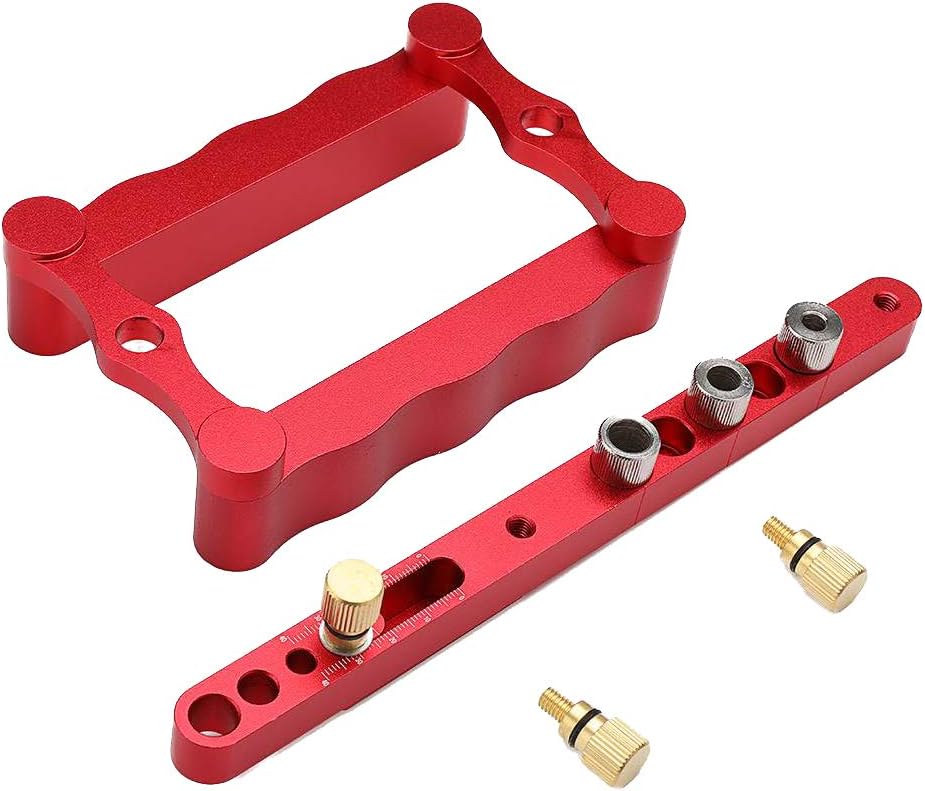 Self Centering Doweling Jig Woodworking Joinery Hole Drill Guide with 1/4 5/16 3/8 Inch Positioner Locator Tool Red
