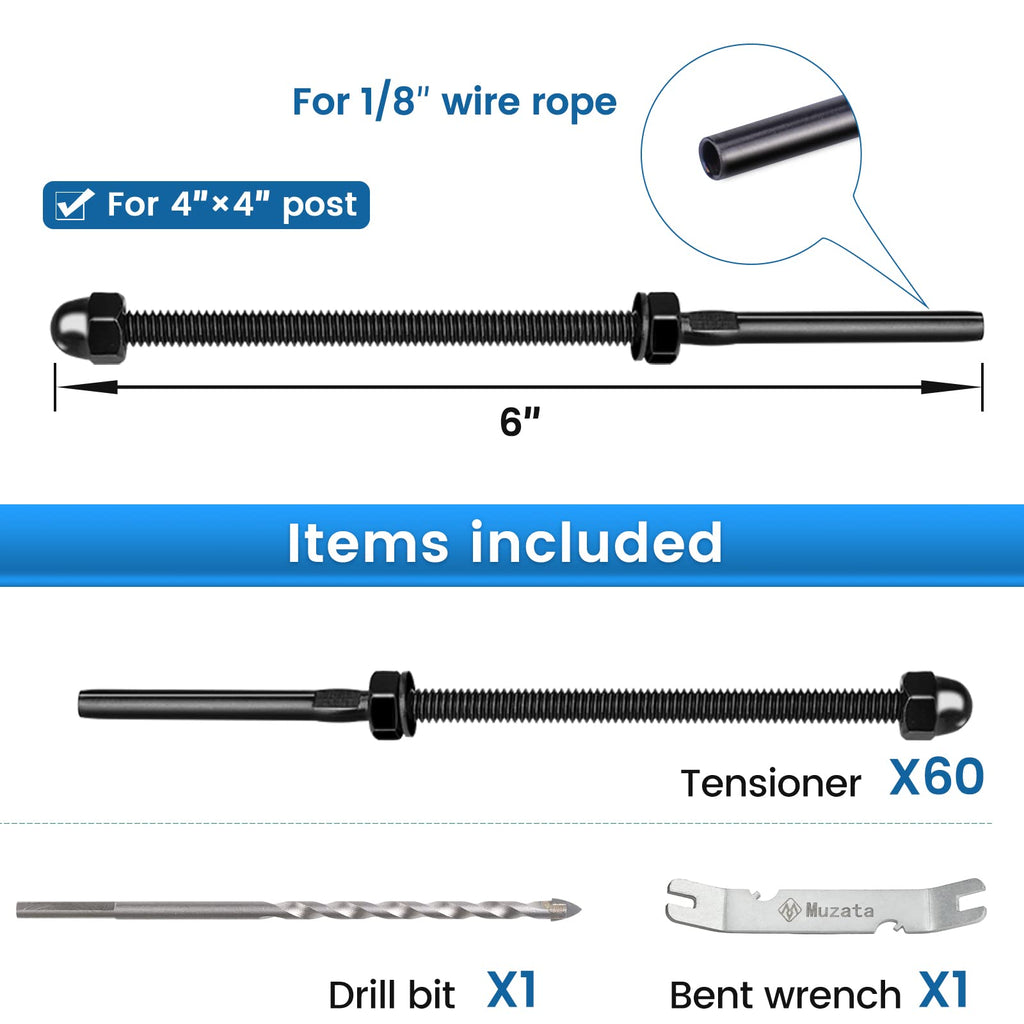 60Pack Black Cable Railing Hardware 6" Threaded Stud Tensioner CR39