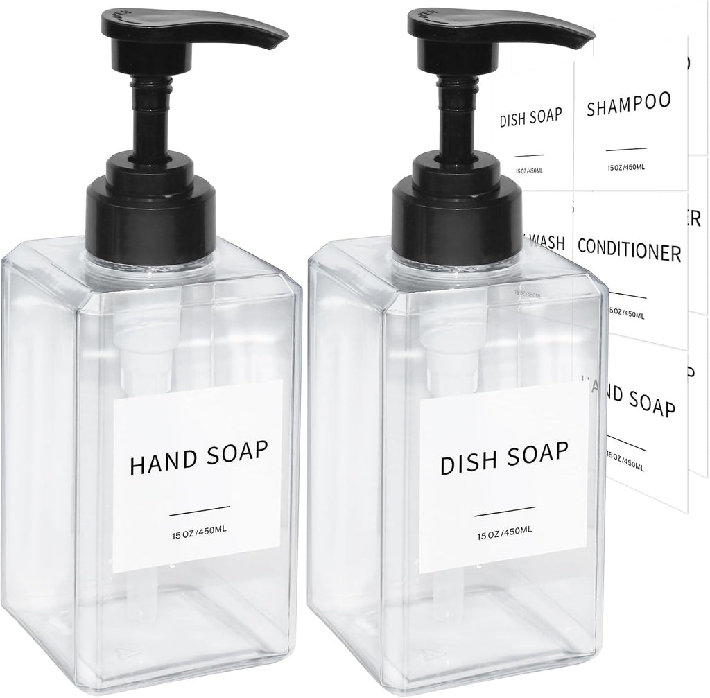 Clear Soap Dispenser with Waterproof Labels, Thickened Plastic Hand Soap Dispenser for Bathroom, Kitchen Dish Washing
