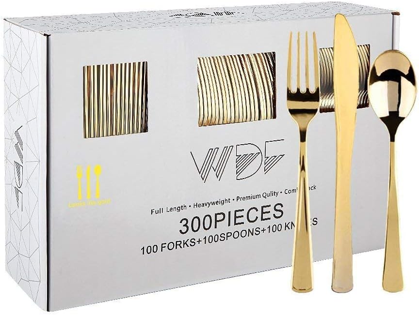300 Pieces Gold Plastic Silverware - Heavy Duty Disposable Cutlery Set Plastic Gold Silverware Set Includes 100