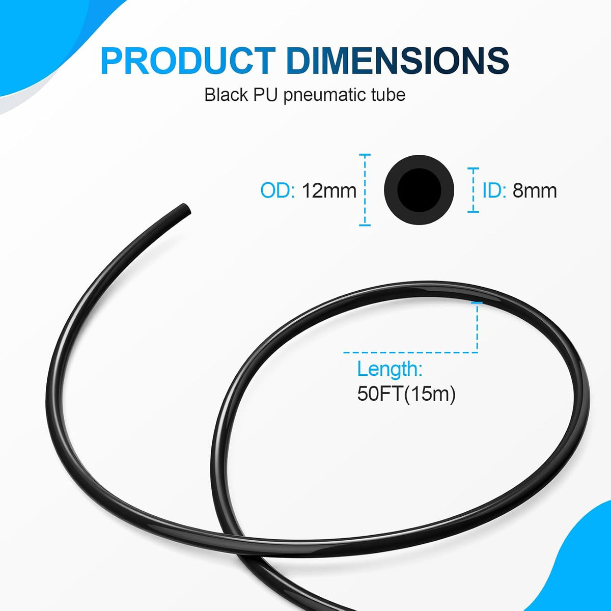 Black PU Air Hose, 12mm OD 8mm ID, 50FT