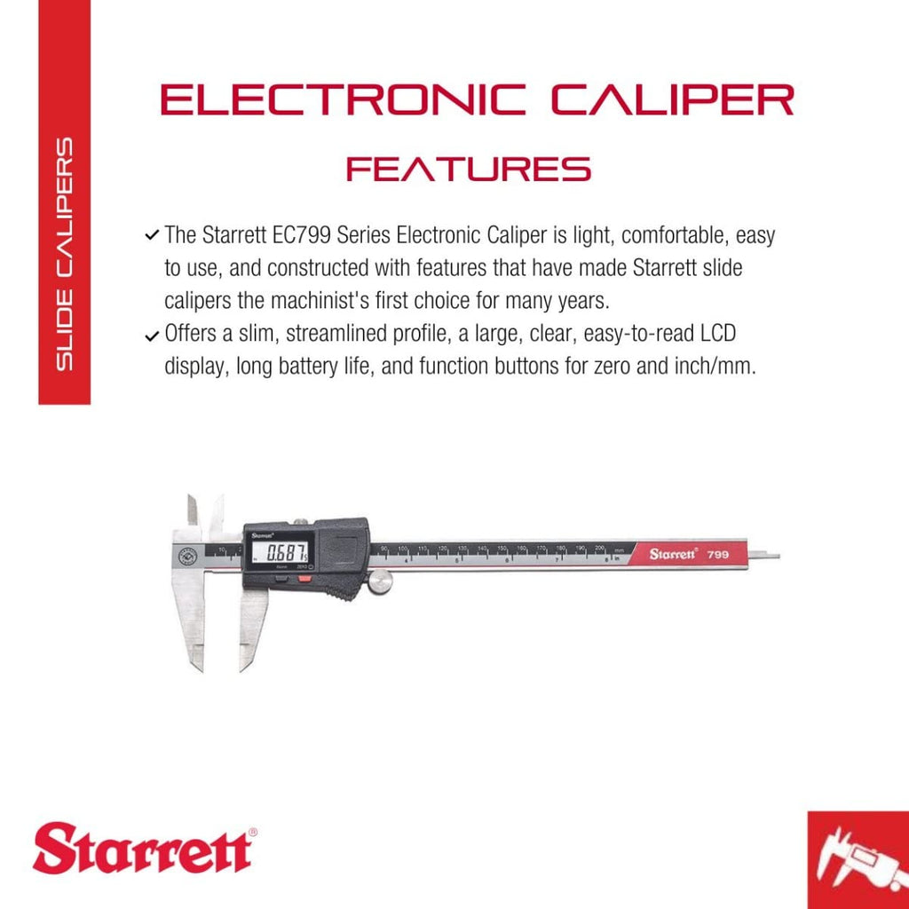 Starrett Stainless Steel Electronic Slide Caliper, 0-8" Range, .0005" Res