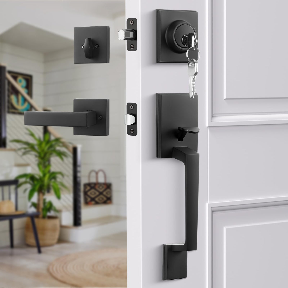 Black Front Door Lock Set, Front Door Handle and Deadbolt Set