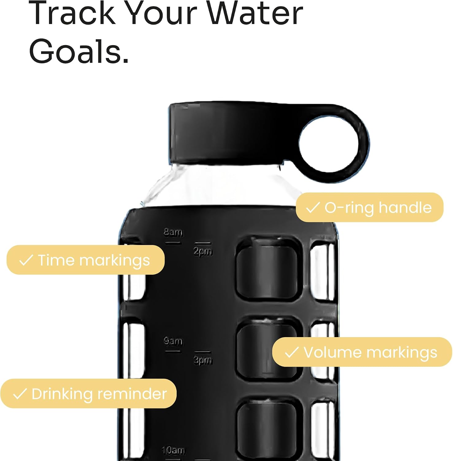 40oz / 32oz / 22oz / 12oz Borosilicate Glass Water Bottle with Time & Volume Markers, Silicone Sleeve, Stainless